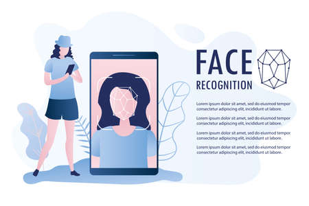 Beauty girl with cellphone, Female face on big smartphone screen, Face id concept background, Personality Recognition, banner with place for text, vector illustrationのイラスト素材