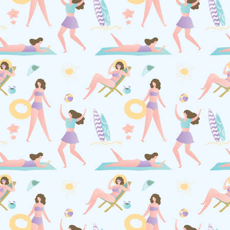 Pattern background with cute and funny vacation girls, summer and tropical seamless texture, female...