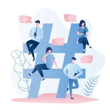 Big hashtag sign and different people with smartphones, characters with gadgets, trendy vector illustrationのイラスト素材