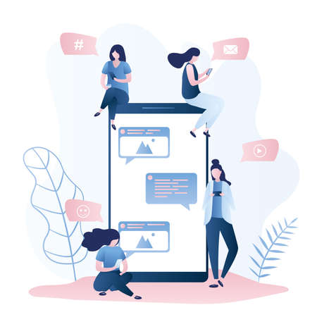 Big mobile phone and different girls with smartphones, female characters with gadgets for communication, speech bubbles with icons, social network concept, trendy vector illustrationのイラスト素材