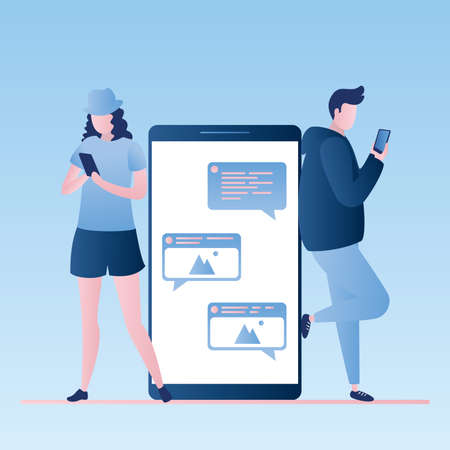 Big smartphone with speech bubble and young student people chatting, internet social communication concept, vector illustration in trendy styleのイラスト素材