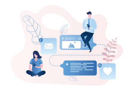 People with smart gadgets, online talking and chatting, social network, trendy style vector illustrationのイラスト素材