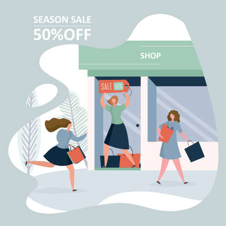 Shop storefront and different women with shopping bags and sale label, discount and sale concept, vector illustration in trendy styleのイラスト素材