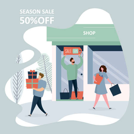 Shop storefront and people with gifts, shopping bags and sale label, discount concept, vector illustration in trendy styleのイラスト素材