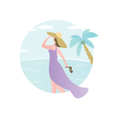 Beauty and fashion girl standing on beach, tropical card with female charater, palm tree and ocean.Trendy style vector illustrationのイラスト素材