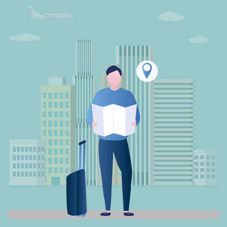 Young male traveler with suitcase and map, urban landscape on background, city navigation concept, trendy style vector illustration.のイラスト素材