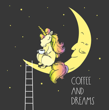 Cute unicorn sitting on moon and drink coffee, night sky with stars, background or card with inscription, hand drawn vector illustrationのイラスト素材