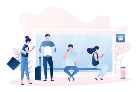 Modern public transport stop, various people standing and sitting on bus stop, male and female characters, trendy style vector illustration.のイラスト素材
