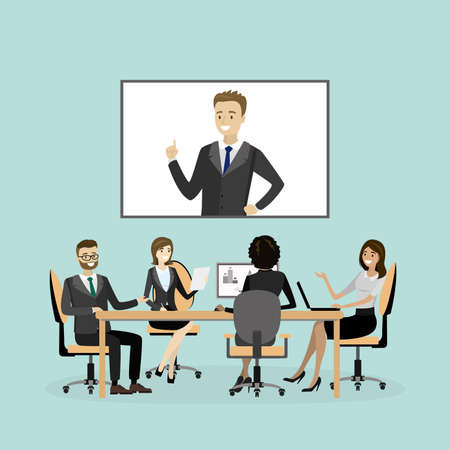 Group of office people or employees sit at the table, cartoon businessman and businesswomen communicate, online meeting or presentation, flat vector illustrationのイラスト素材