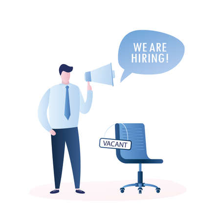 Businessman with megaphone is hiring, human resource recruitment concept, modern business chair with sign- vacant, character in trendy simole style, flat vector illustrationのイラスト素材