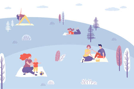 Various people and couples in the park in nature, a picnic and activity on a weekend, cute male and female characters, trendy style vector illustrationのイラスト素材