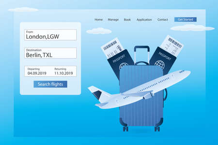 Landing page for online search and book travel ticket, web banner template, White airline take off, big suitcase and passports with boarding pass tickets, trendy style vector illustrationのイラスト素材