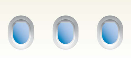 Three realistic portholes of airplane with open window, vector illustrationのイラスト素材