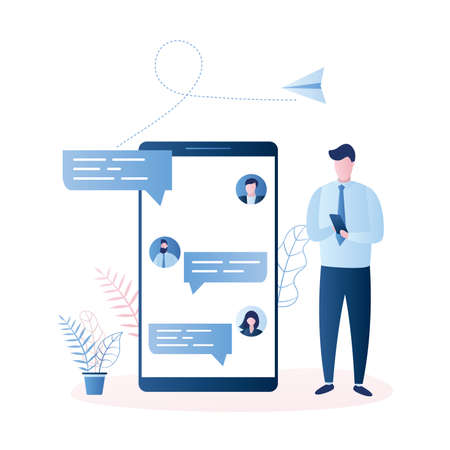 Online testimonials, big smartphone with speech bubbles and avatars, businessman with cellphone, trendy style vector illustrationのイラスト素材