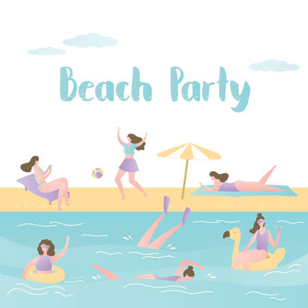 Different girls on beach, summer background, funny female characters swim and take sunbath, trendy style vector illustrationのイラスト素材