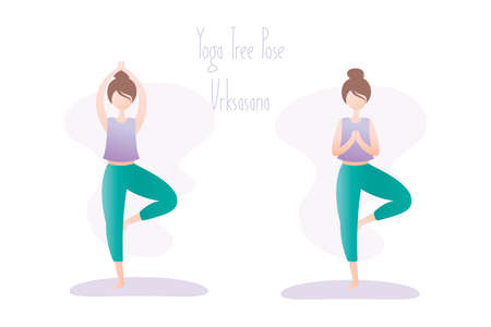 Happy girl in yoga pose, two variation of tree pose or Vrikshasana asana in hatha yoga, simple human character, flat vector illustrationのイラスト素材