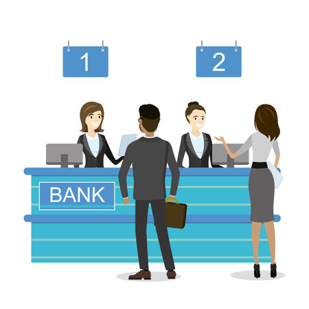 Male and female clients standing and talking to managers of bank or credit department. Cartoon characters.Illustration isolated on white background, flat vectorのイラスト素材