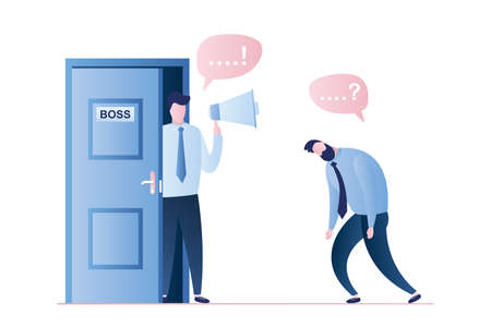 Angry businessman with loudspeaker in hand, office boss with megaphone stands in the doorway and unhappy tired male employee, speech bubbles with signs, trendy style vector illustrationのイラスト素材