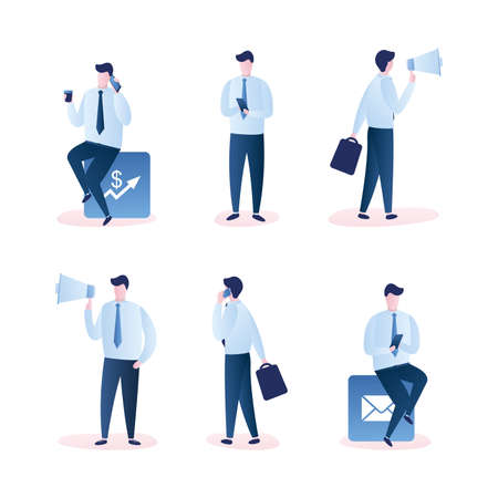 Set of businessmen or office workers, various male with megaphone and smartphones, front and back view isolated on white background, trendy style vector illustrationのイラスト素材