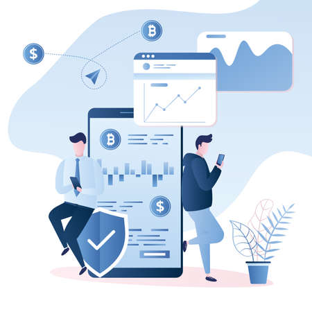 Business people and big smartphone with cryptocurrency exchange, male characters in trendy simple style, vector illustrationのイラスト素材