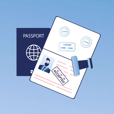 Open passport with stamp -accepted, visa approved, crossing the border concept, trendy style vector illustrationのイラスト素材