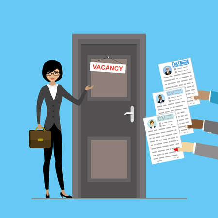 Cartoon asian businesswoman near door with sign- vacancy, various hands with cv resume, interview candidate, fashion female and door in office room, isolated on blue baclground, flat vector illustration.のイラスト素材