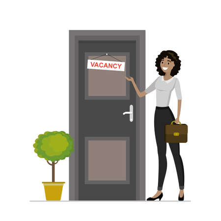 Cartoon african american businesswoman near door with sign- vacancy, various hands with cv resume, interview candidate, fashion female and door in office room, isolated on white, flat vector illustration.のイラスト素材