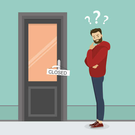 Caucasian man stands near the door, sign on the door - closed. Cartoon surprised male character. Flat vector illustration.のイラスト素材