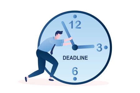Businessman hold a clock arrow, deadline background concept with watch and sad male character, trendy style vector illustrationのイラスト素材
