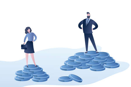 Businessman stands on big pile of coins and business woman stands on small pile of coins. Gender inequality concept. Male and female characters in trendy style. Vector illustrationのイラスト素材