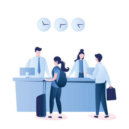 Hotel reception and travelers talking with receptionists.Indoors interior. Male and female characters in trendy style, vector illustrationのイラスト素材