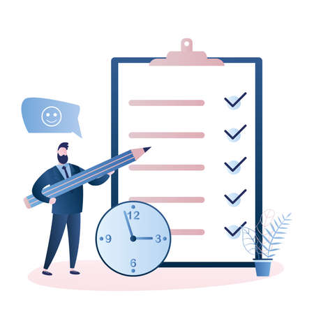 Big task planner, watch and fashion businessman with pencil. Time management and deadline concept, Male character in trendy style, flat vector illustrationのイラスト素材