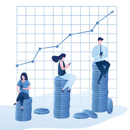 Various business people sitting on different pile of coins, inequality profit or payment background, male and female characters in trendy style, vector illustrationのイラスト素材