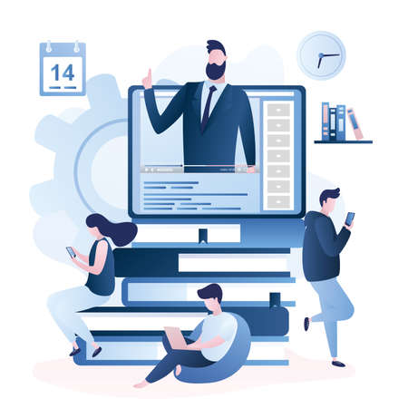 Online education or business training. Pile of books and tablet pc with video course, various people with smart gadgets.Adult characters in trendy style, vector illustrationのイラスト素材