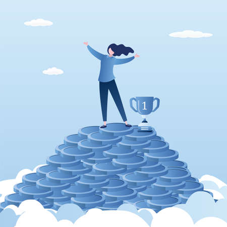 Huge pile of coins and successful happy businesswoman with winner prize on top. Success or profit concept background. Beauty female character in trendy style. Vector illustrationのイラスト素材