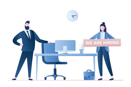 Business people hire. Businessman boss with chair and vacant sign. Female holding board- we are hiring.Recruitment concept. Business characters and modern workplace in trendy style. Vector illustrationのイラスト素材