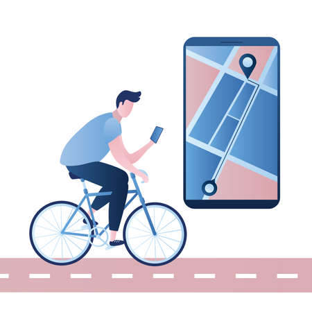 Man riding a bicycle and big smartphone. Cyclist navigation app with map and location pins. Tracking mobile application concept. Male character in trendy style. Vector illustrationのイラスト素材