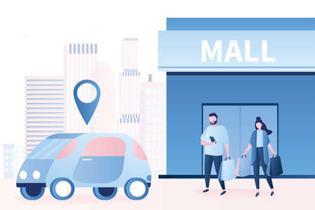 Car sharing service background. People rent a vehicle for a short time. Modern car and family couple with shopping bags after shopping. Trendy style vector illustrationのイラスト素材