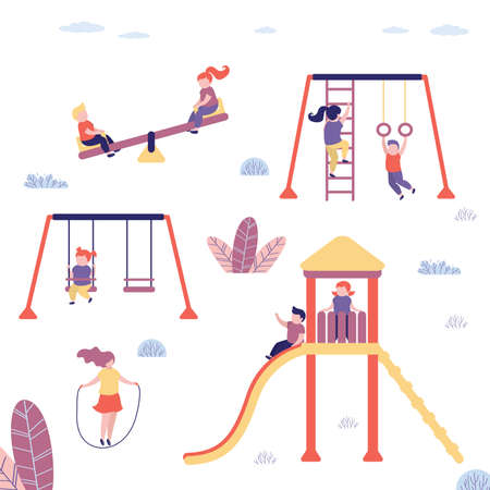 Group of kids playing at the playground. Various children on playground. Cute background in trendy style. Vector illustrationのイラスト素材