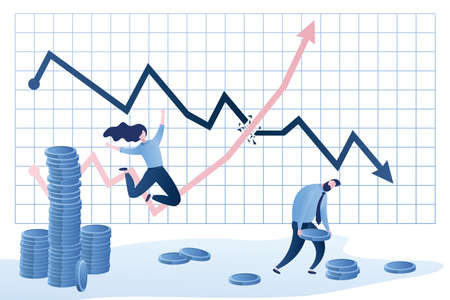Growing chart breaks a falling chart. Happy jumping female investor with profit and sad male trader with lesion. Financial stock market concept. Business people characters in trendy style. Vector illustrationのイラスト素材