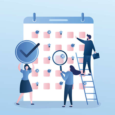 Priorities in work and schedule. Business people and big timetable. Time management and teamwork concept. Female and male characters in trendy style. Vector illustration.のイラスト素材