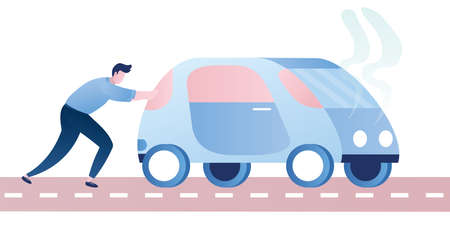 Caucasian man pushing a broken car.Smoke from the hood. Trendy style vector illustrationのイラスト素材