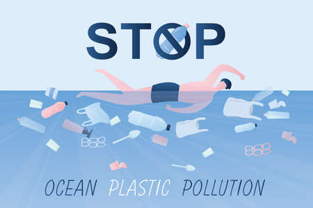 Plastic trash and various garbage in sea water. Man swimming in dirty water. Stop ocean plastic pollution text. Ecology concept background. Trendy style vector illustrationのイラスト素材