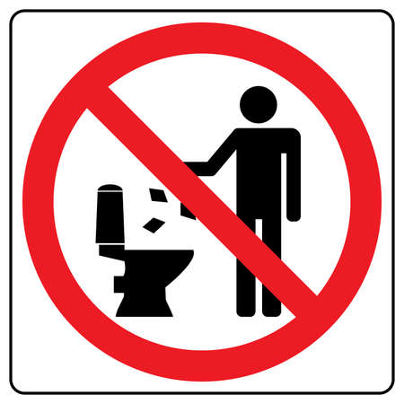 Do not litter in toilet icon. Keep clean sign. Silhouette of a man, throw garbage in a bin, in square isolated on white background. No littering in red circle. Vector illustrationのイラスト素材