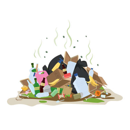 Big smelly pile of garbage. Bad smell trash. Waste recycling. Isolated on white background. Flat vector illustrationのイラスト素材