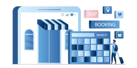 Hotel or apartments online booking. Man tourist with baggage looks at a calendar and reservating...