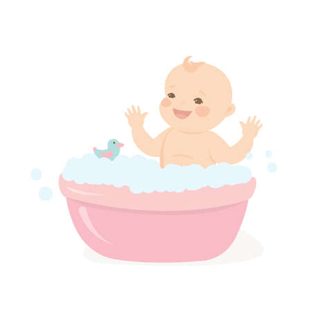 Happy baby taking a bath playing with foam bubbles.Infant baby bath time template. Isolated on white background. Flat vector illustrationのイラスト素材