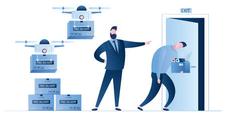 Drone delivery with box.New transportation technology and businessman dismissed deliveryman worker.Boss fire male employee.Artificial intelligence and transport of future replaced human.Trendy style vector illustrationのイラスト素材