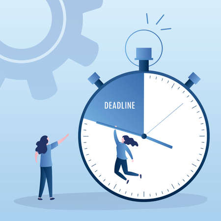 Priorities in work and schedule. Business people and big timetable. Time management and teamwork concept. Female and male characters in trendy style. Vector illustration.のイラスト素材