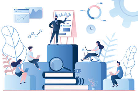 Employees with laptops learning at professional training. Internal education, staff training or education, professional development program concept.Business teacher on top.Trendy vector illustrationのイラスト素材